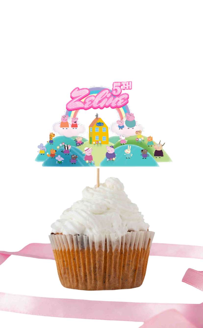 Topper Cupcake Ulang Tahun Anak Tema Peppa Pig & Pelangi - Image 1