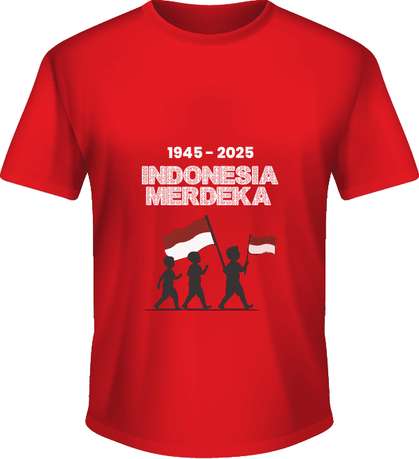 Kaos Merah 80 Tahun Indonesia Merdeka dengan Siluet Anak Pembawa Bendera - Image 1