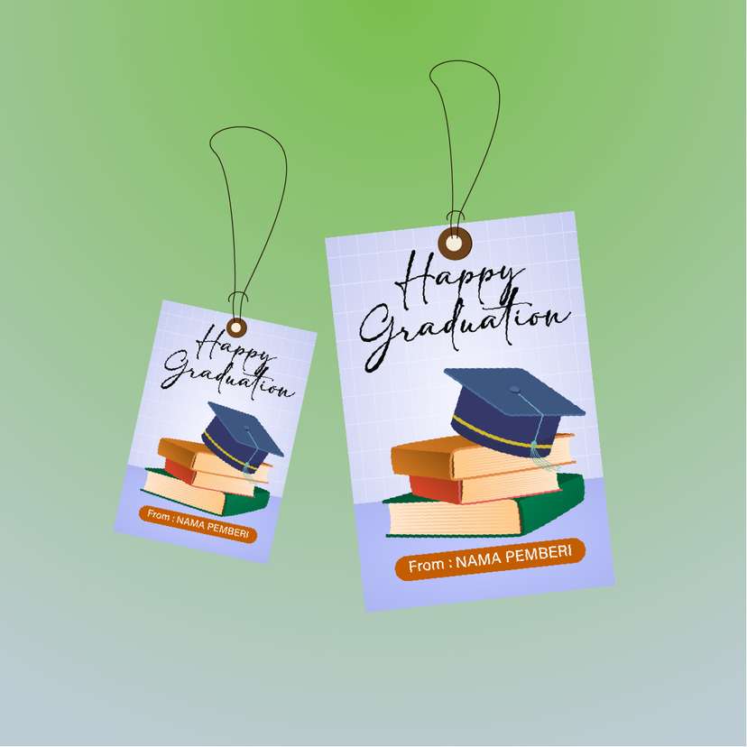 Hangtag Happy Graduation dengan Buku dan Toga Biru - Image 1