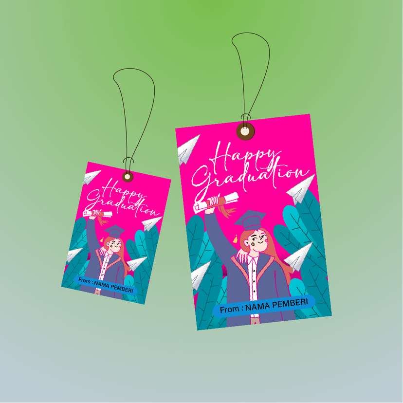 Hangtag Graduation Pink dengan Ilustrasi Kertas Terbang - Image 1