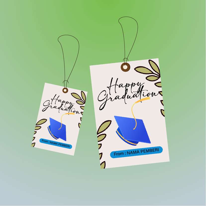 Hangtag Graduation Minimalis dengan Toga dan Aksen Daun - Image 1