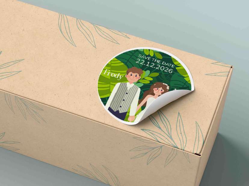 Stiker Pernikahan Bulat dengan Ilustrasi Pasangan dan Tema Tropical - Image 1