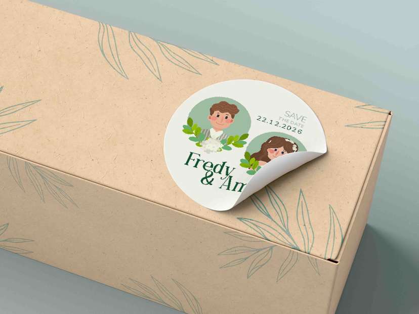 Stiker Pernikahan Bulat Elegan dengan Ilustrasi Pasangan & Aksen Daun - Image 1