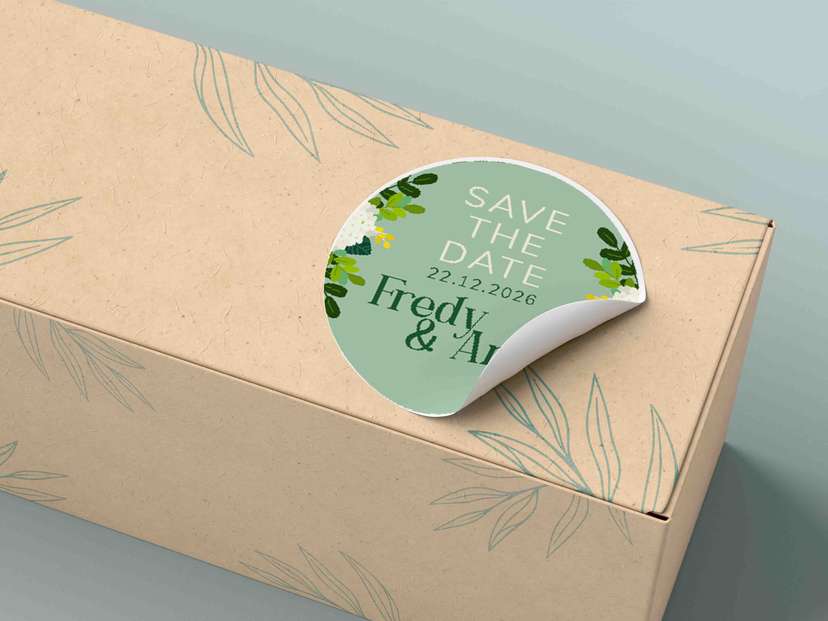 Stiker Pernikahan Green Pastel dengan Ornamen Daun Simetris - Image 1