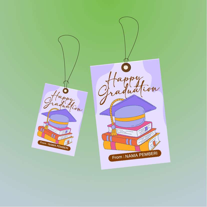 Hangtag Graduation Ungu dengan Tumpukan Buku - Image 1