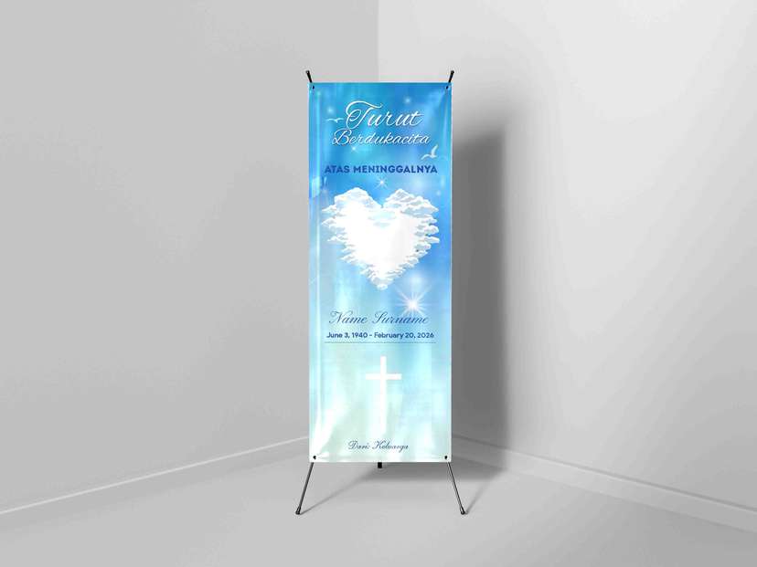 X-Banner Duka Cita Nuansa Biru Langit dengan Siluet Hati Awan dan Salib - Image 1