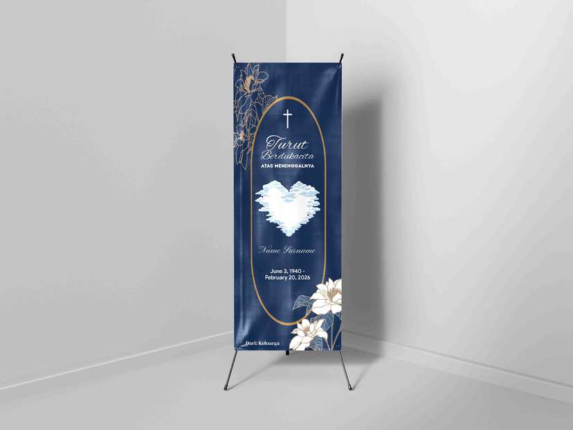X-Banner Turut Berdukacita Navy Elegan dengan Bingkai Emas dan Hati Awan - Image 1