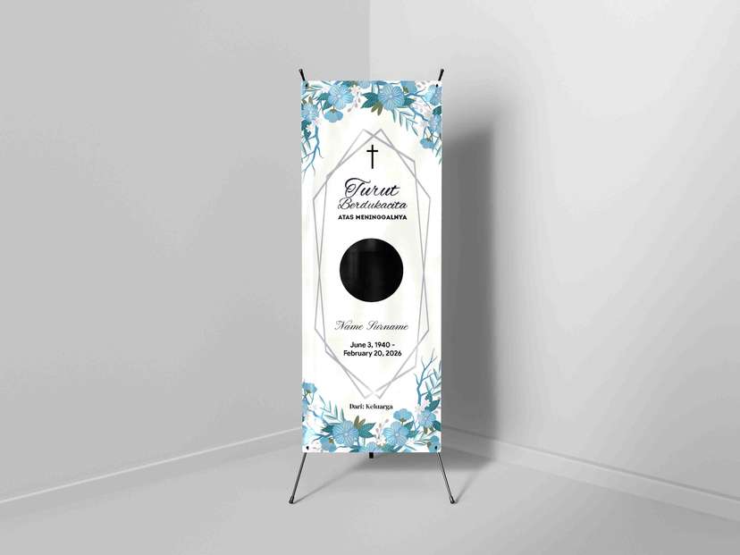 X-Banner Turut Berdukacita Floral Geometrik Putih Biru dengan Frame Foto - Image 1