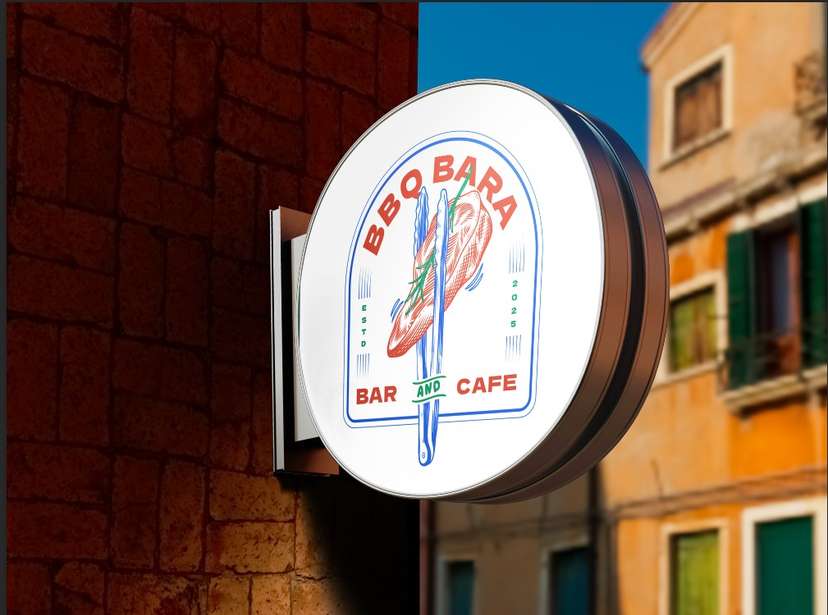 Sign Box BBQ Bara Bar and Cafe Logo Vintage Sketch - Image 1