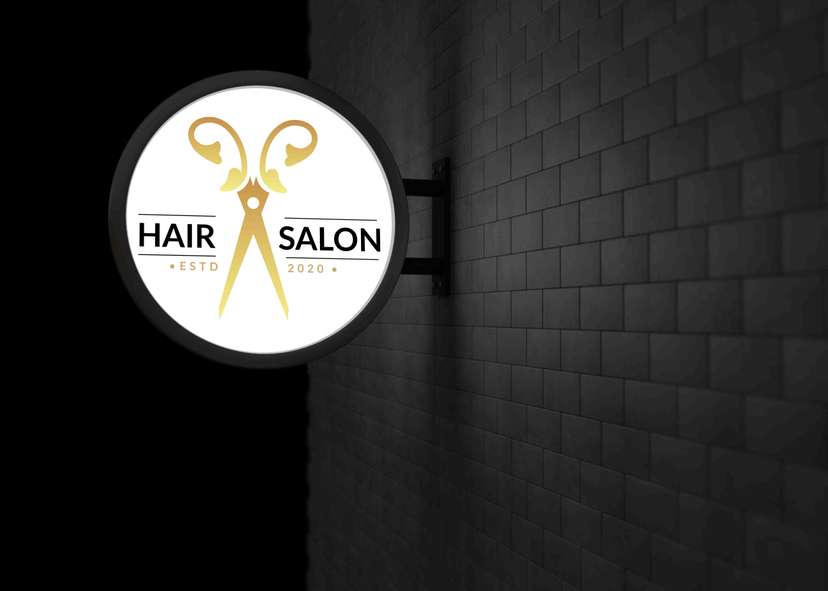 Neon Box Bulat Hair Salon Elegan dengan Logo Gunting Emas - Image 1