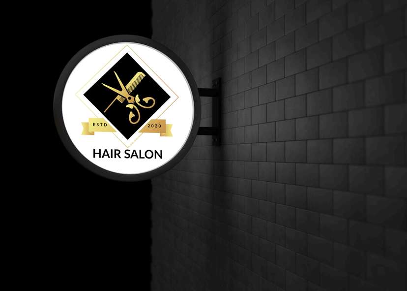 Neon Box Bulat Hair Salon dengan Logo Gunting dan Sisir Emas Elegan - Image 1
