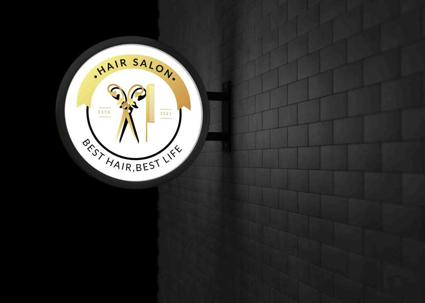 Neon Box Bulat Hair Salon dengan Logo Gunting dan Sisir Emas - Image 1