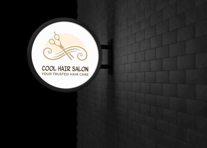 Neon Box Bulat Hair Salon dengan Logo Gunting dan Rambut Bergelombang - Image 1