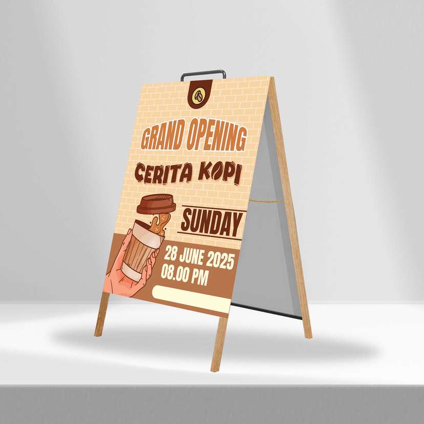 Triangle Stand Banner Kayu Opening Cerita Kopi - Image 1