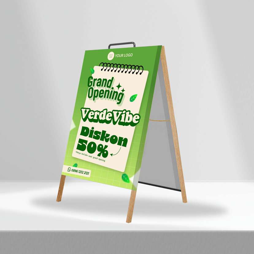 Triangle Stand Banner Kayu Opening VerdeVibe - Image 1