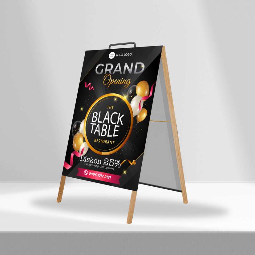 Triangle Stand Banner Kayu Opening Black Table - Image 1