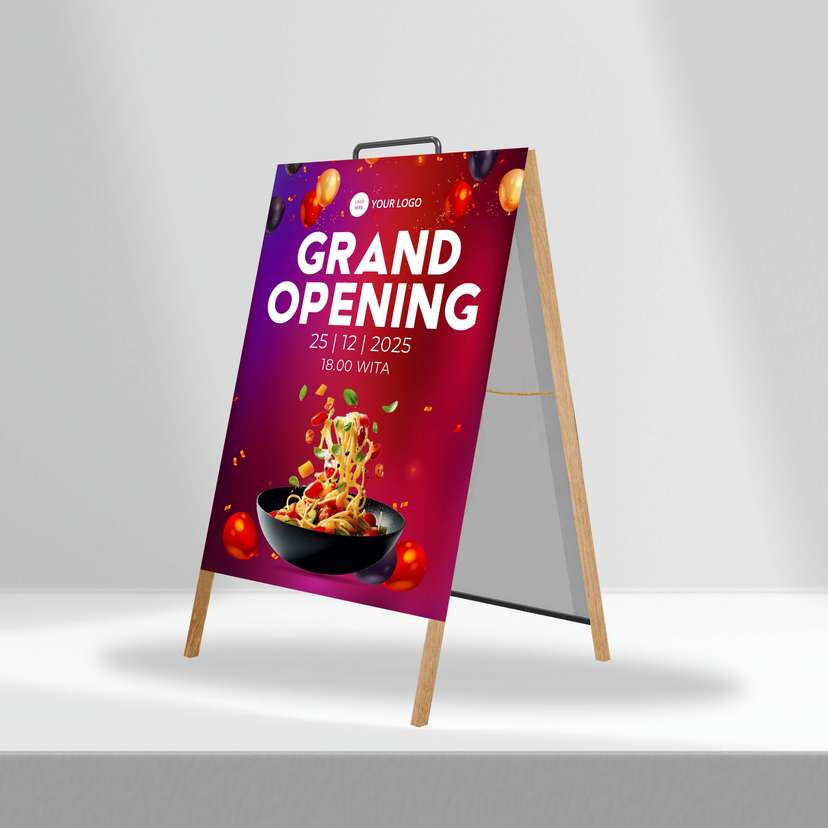 Triangle Stand Banner Kayu Opening Merah Ungu - Image 1