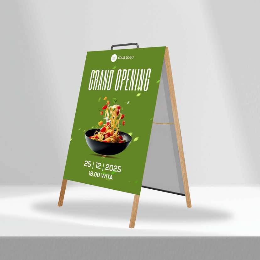 Triangle Stand Banner Kayu Opening Hijau Simple - Image 1