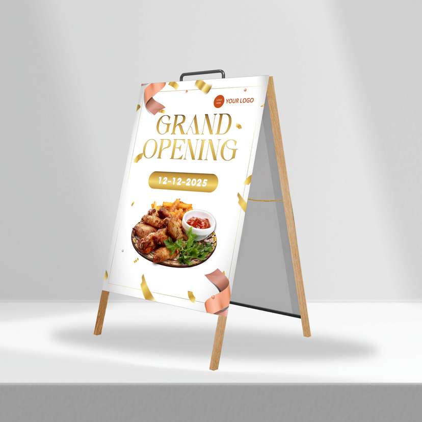 Triangle Stand Banner Kayu Opening Putih Gold - Image 1