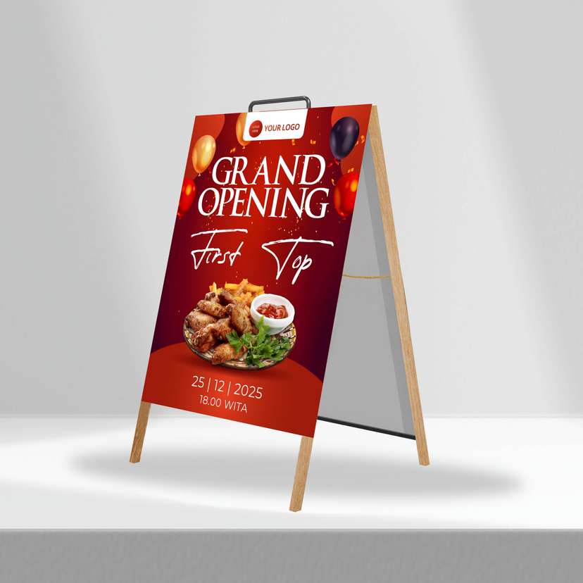Triangle Stand Banner Kayu Opening First Top - Image 1