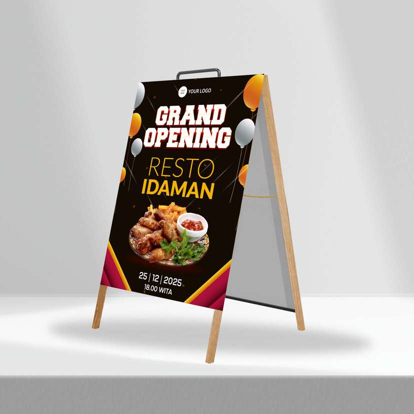 Triangle Stand Banner Kayu Opening Resto Idaman - Image 1