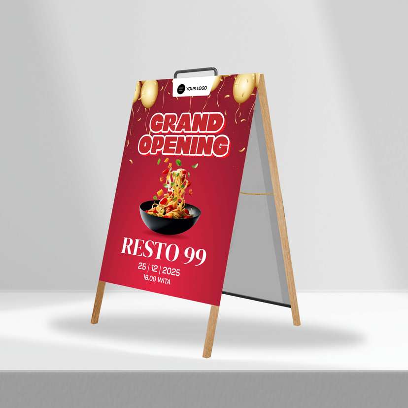 Triangle Stand Banner Kayu Opening Resto 99 - Image 1
