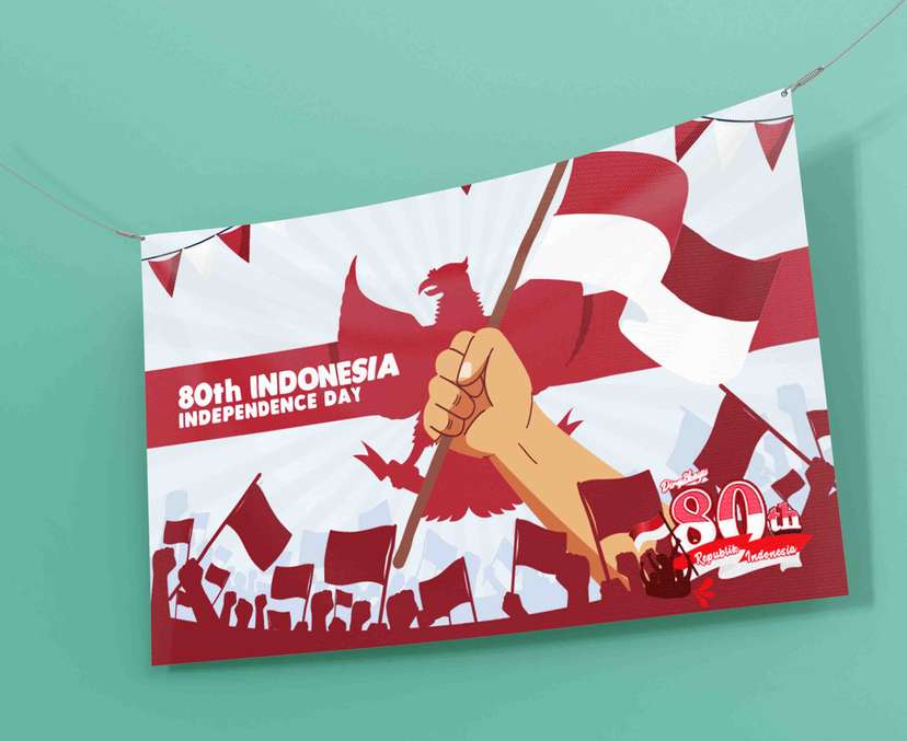 Baliho 80 tahun Indonesia Gambar Pegang Bendera - Image 1