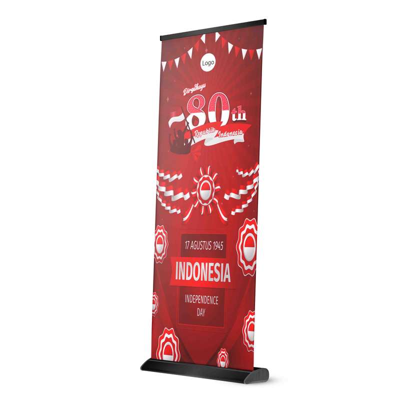 Roll Up Banner HUT RI 80 Elegan & Patriotik dengan Nuansa Merah Benderang - Image 1