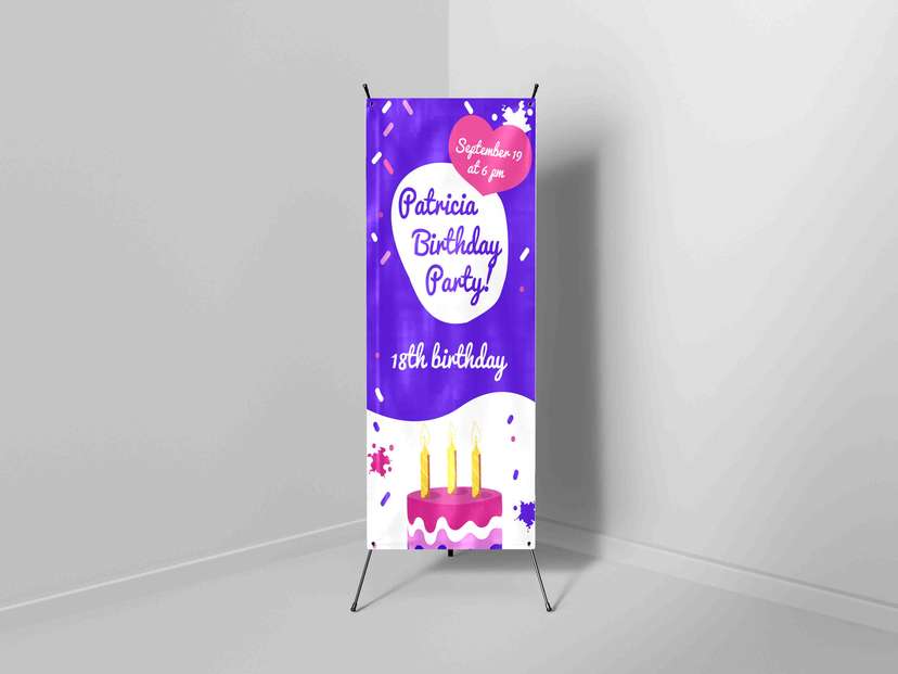 X Banner Ulang Tahun Warna Ungu Dengan Kue - Image 1