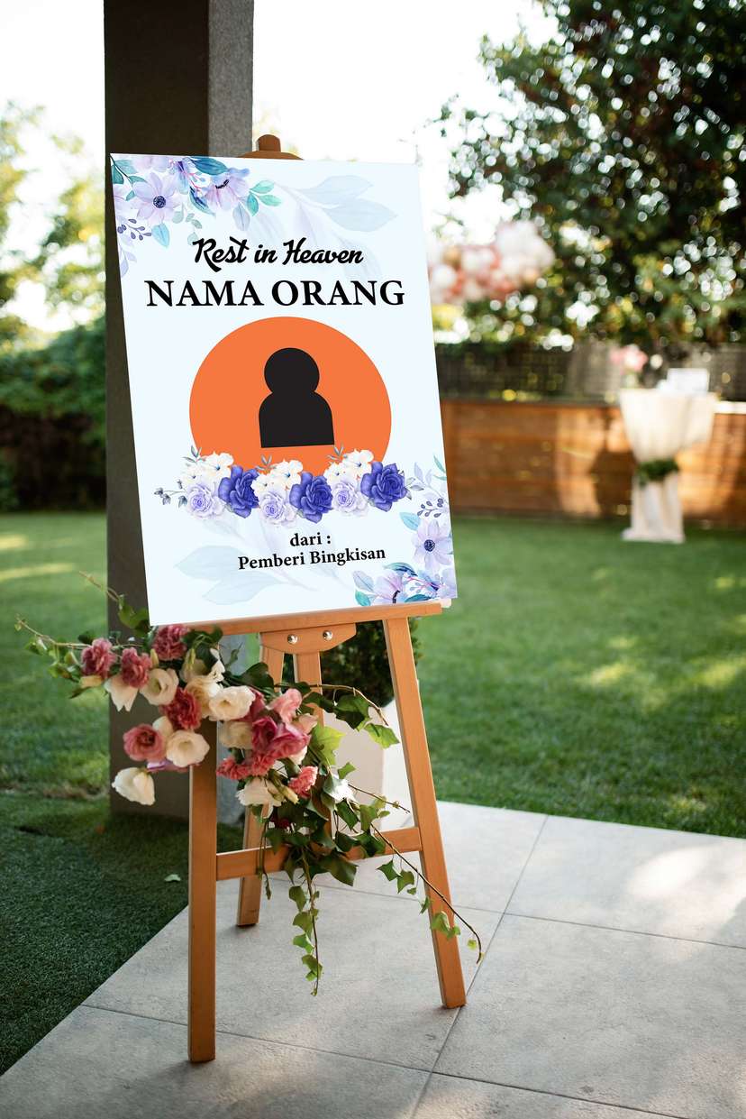 Acrylic Sign Tripod Kedukaan Elegan dengan Nuansa Bunga Biru dan Ungu untuk Menghormati Kepergian Orang Terkasih - Image 1