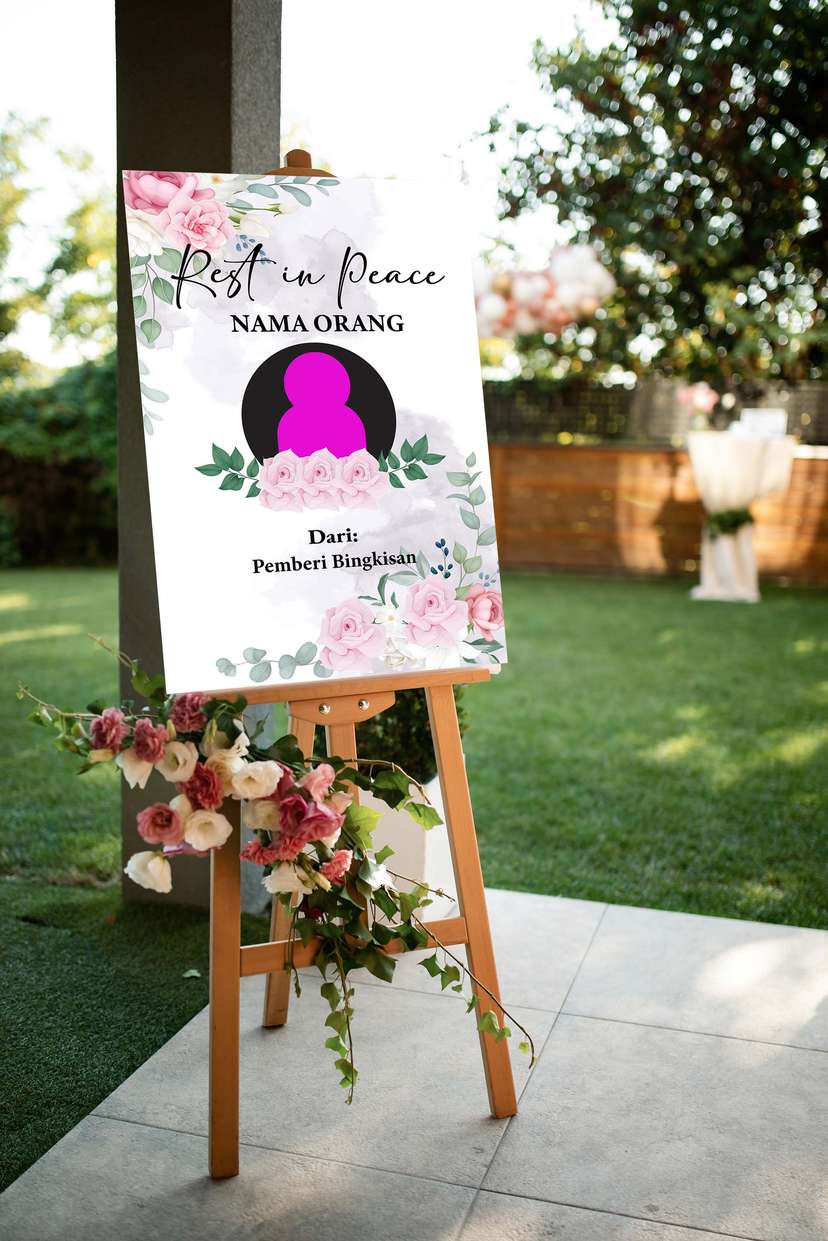 Acrylic Sign Tripod Kedukaan dengan Desain Bunga Mawar Pink yang Lembut dan Elegan untuk Upacara Perpisahan - Image 1