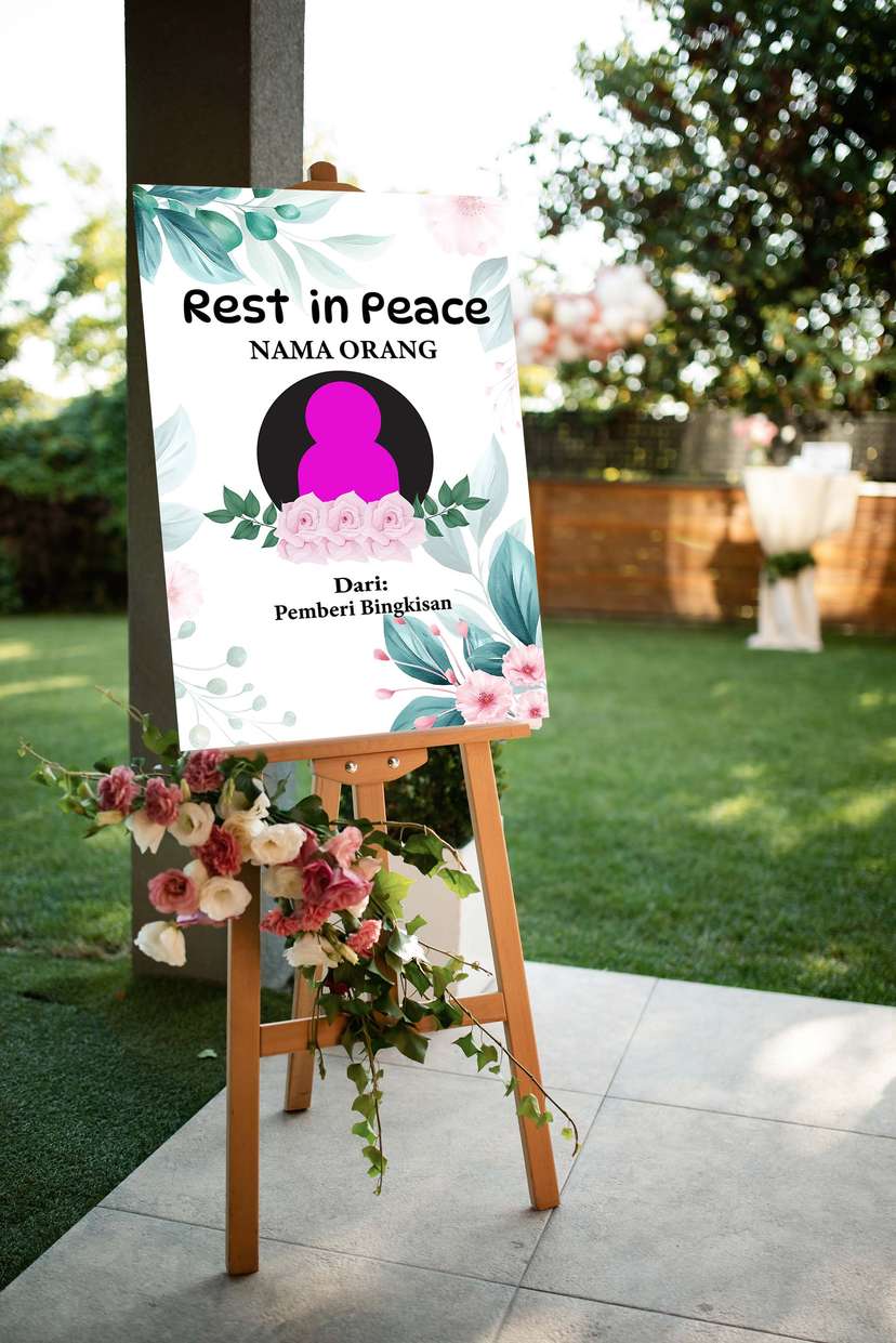 Acrylic Sign Tripod Kedukaan Minimalis dengan Sentuhan Bunga Pink Pastel dan Daun Tropis yang Menyejukkan - Image 1