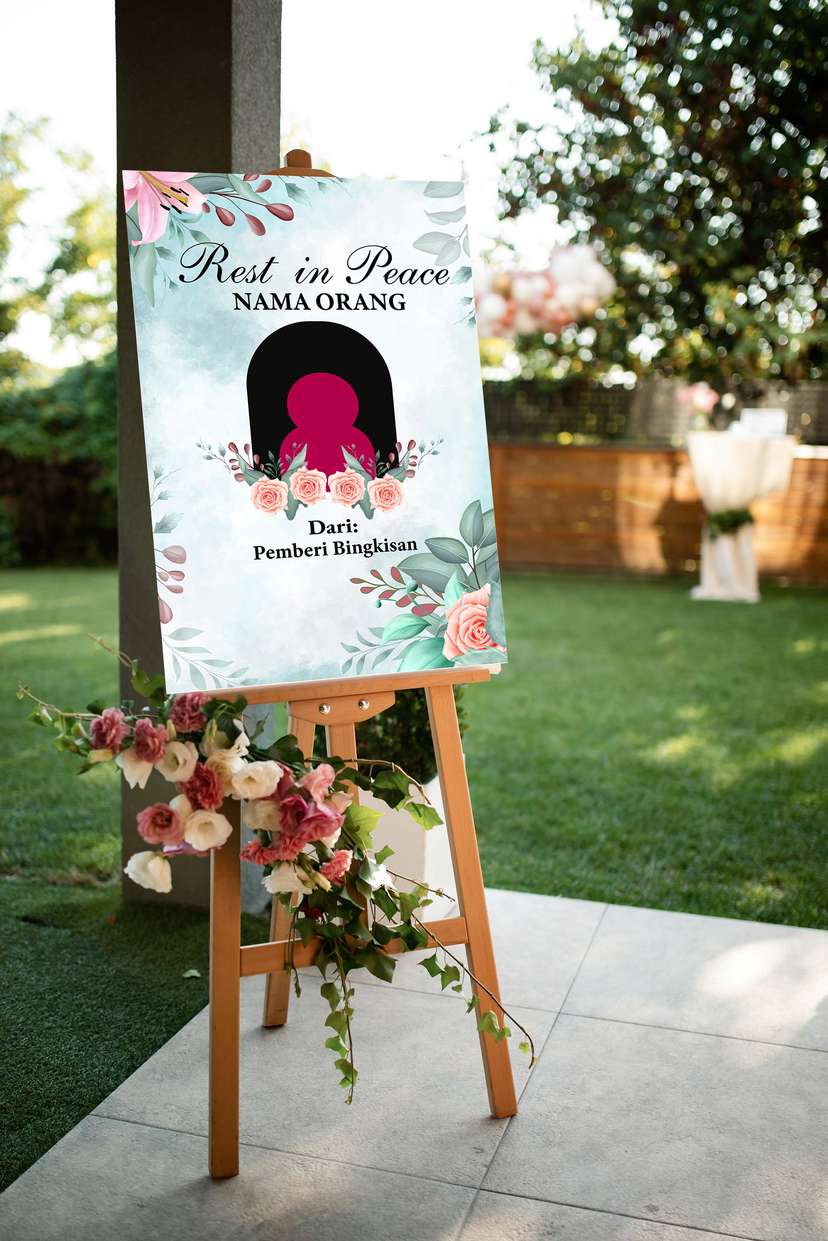 Acrylic Sign Tripod Kedukaan dengan Nuansa Floral Pink dan Hijau yang Memberikan Sentuhan Romantis dan Hangat - Image 1