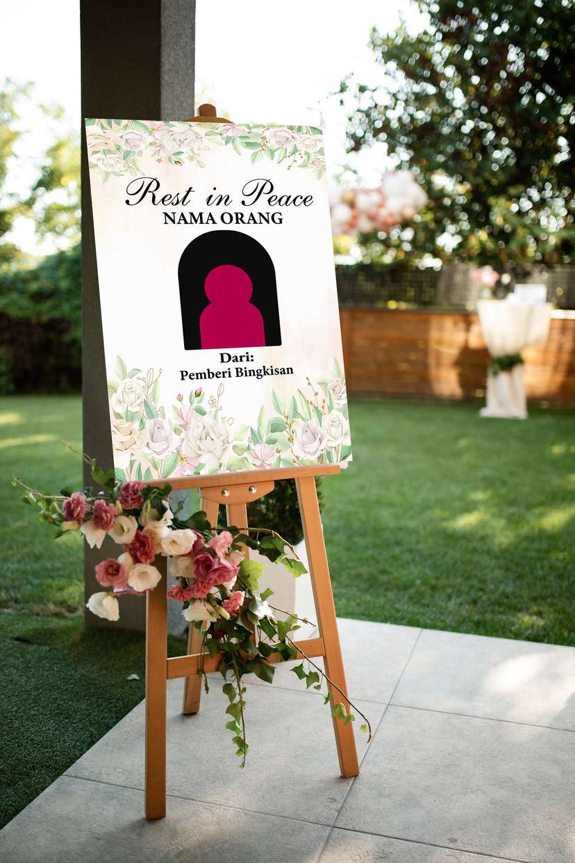 Acrylic Sign Tripod Kedukaan dengan Desain Bunga Putih yang Suci dan Daun Hijau untuk Memberikan Kesan Tenang - Image 1