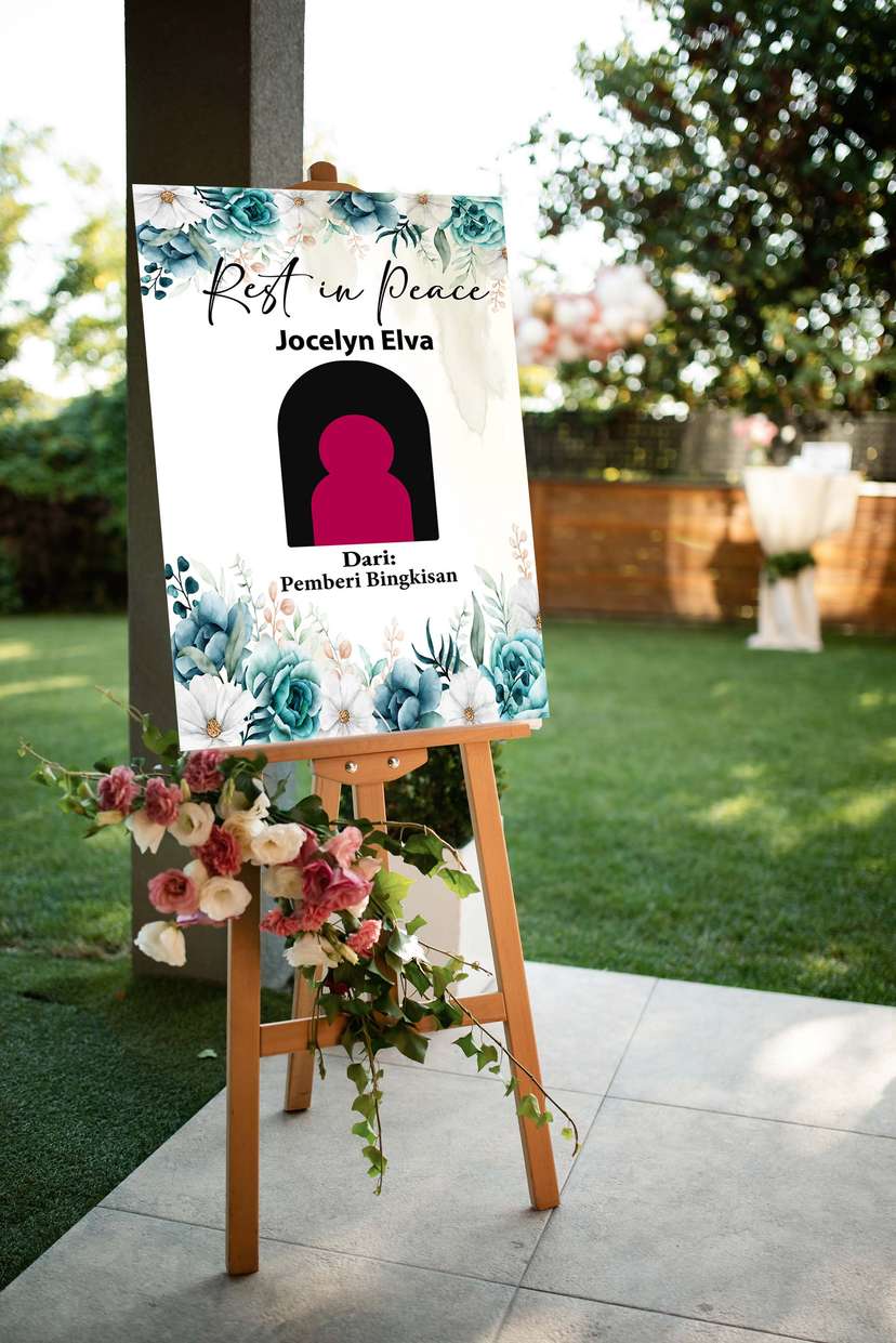 Acrylic Sign Tripod Kedukaan Eksklusif dengan Kombinasi Bunga Biru dan Putih yang Menyampaikan Doa Perpisahan Penuh Cinta - Image 1