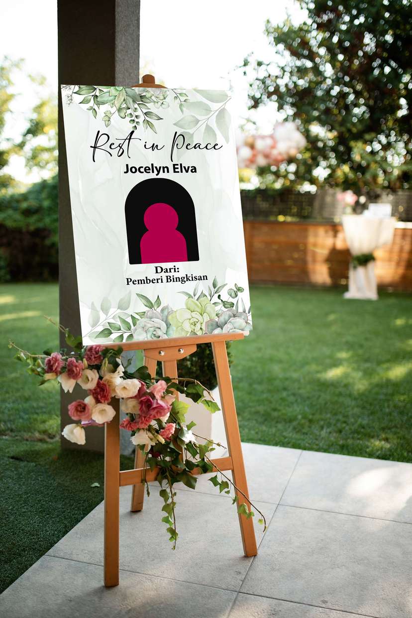 Acrylic Sign Tripod Kedukaan Minimalis Bernuansa Daun Hijau dan Sukulen untuk Memberikan Penghormatan dengan Elegansi Sederhana - Image 1