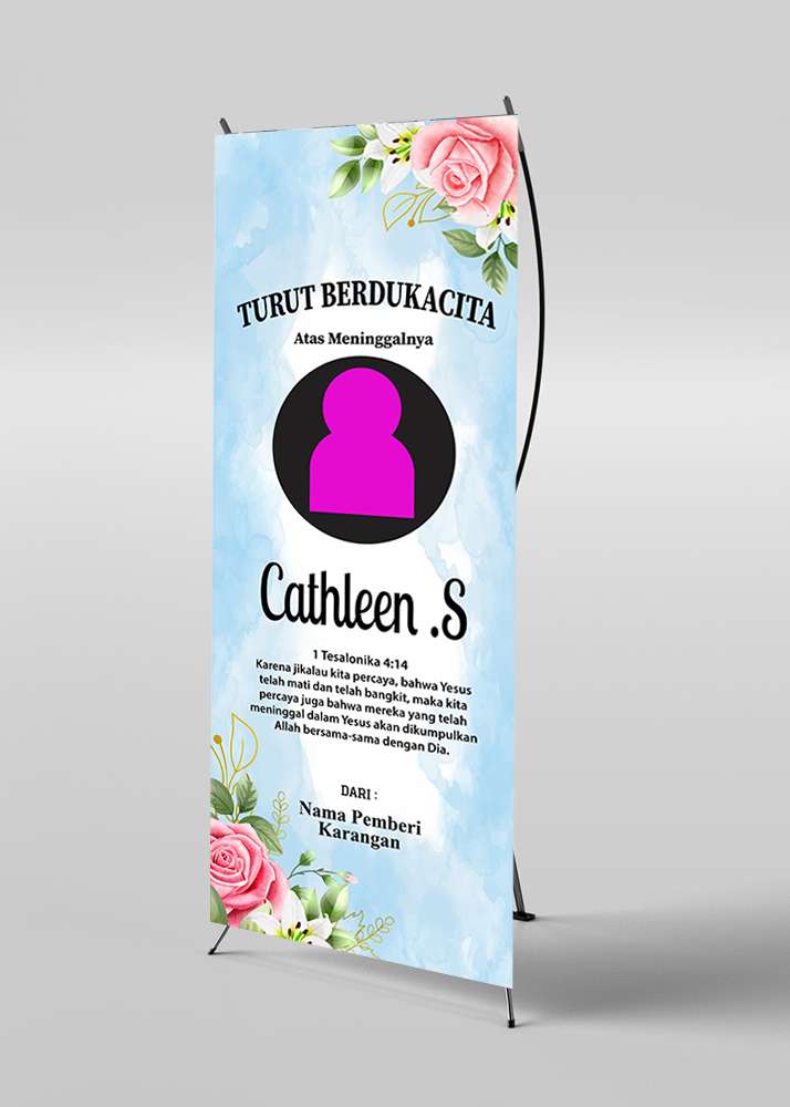 X Banner Duka Cita Latar Biru Cerah dengan Sentuhan Bunga Mawar Merah Muda - Image 1