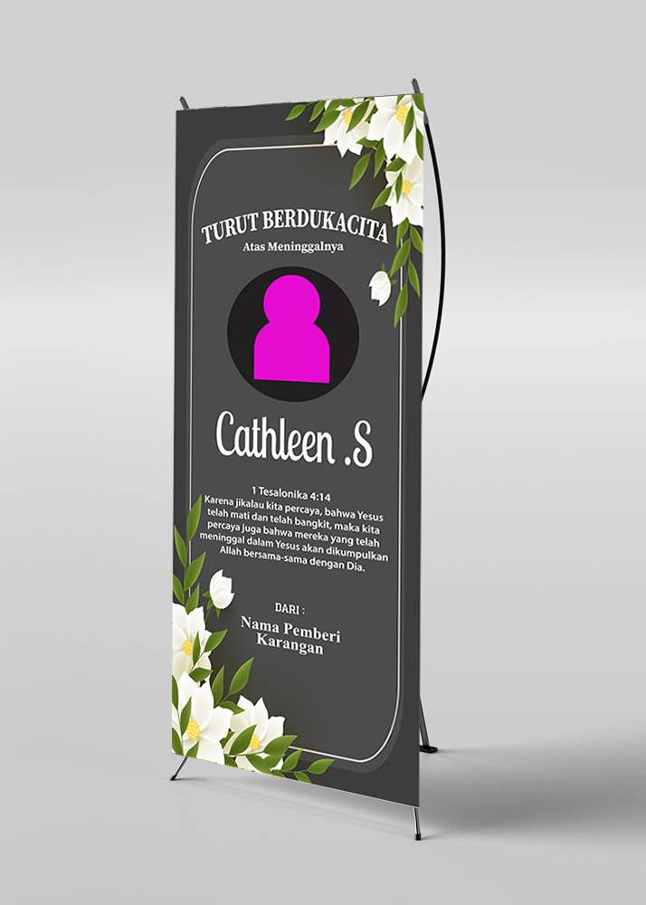 X Banner  Berduka Cita Background Hitam Elegan dengan Hiasan Bunga Putih Indah - Image 1
