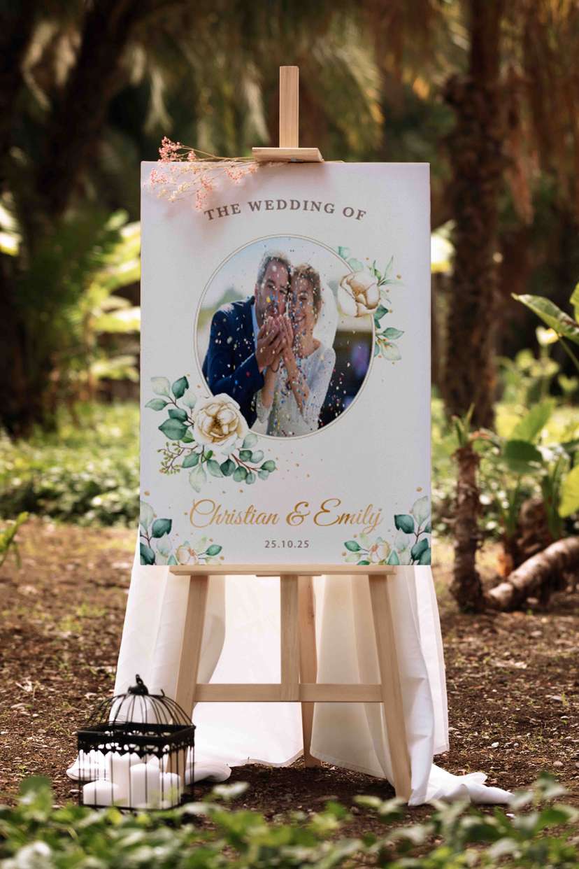 Wedding Sign Floral Frame Desain Elegan dengan Foto Pasangan  Penjelasan: - Image 1