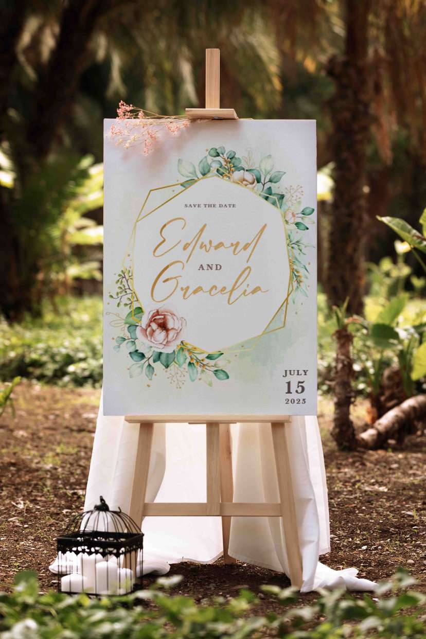 Wedding Sign Floral Gold Frame Desain Elegan dan Romantis untuk Save The Date - Image 1
