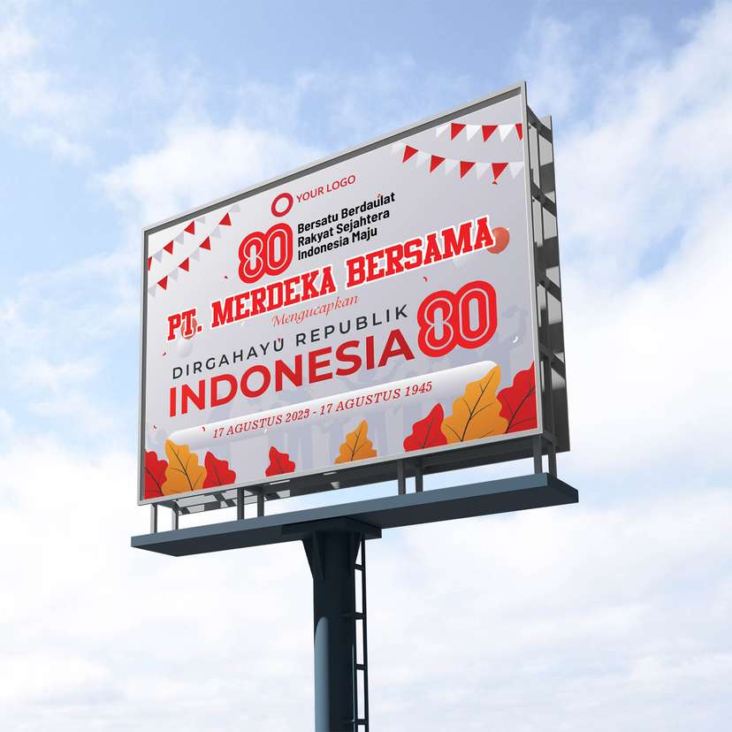 Baliho Ucapan Kemerdekaan Dirgahayu RI Dengan Latar Putih Dan Hiasan Bunga - Image 1