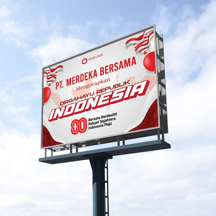 Baliho Ucapan Kemerdekaan Dirgahayu RI Dengan Latar Putih Dihiasi Peta Indonesia - Image 1