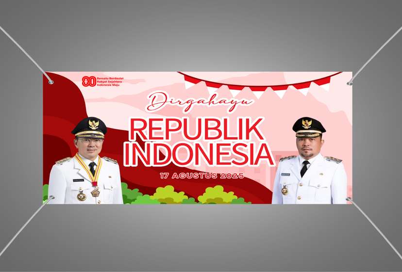 Baliho Kemerdekaan Ceria Bernuansa Merah Putih dengan Elemen Alam dan Bendera - Image 1