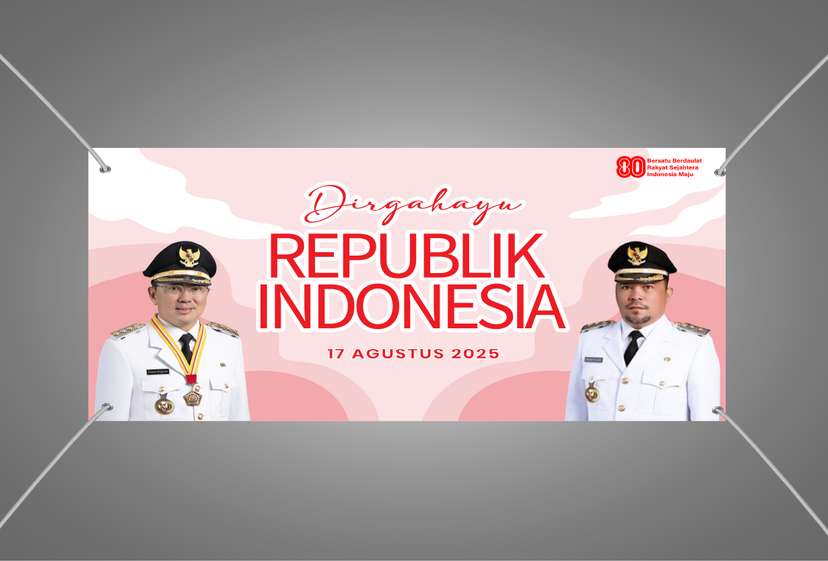 Baliho Dinamis dengan Pita Merah Putih Besar dan Potret Pemimpin Daerah - Image 1