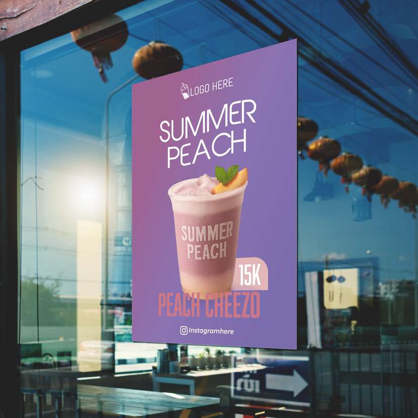 Poster Promo Minuman Summer Peach Dengan Background Ungu Pink - Image 1