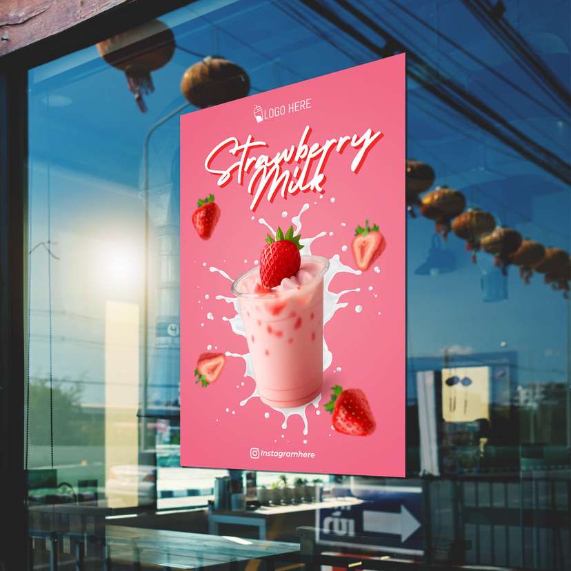 Poster Promo Minuman Strawberry Milk  Dengan Background Pink - Image 1