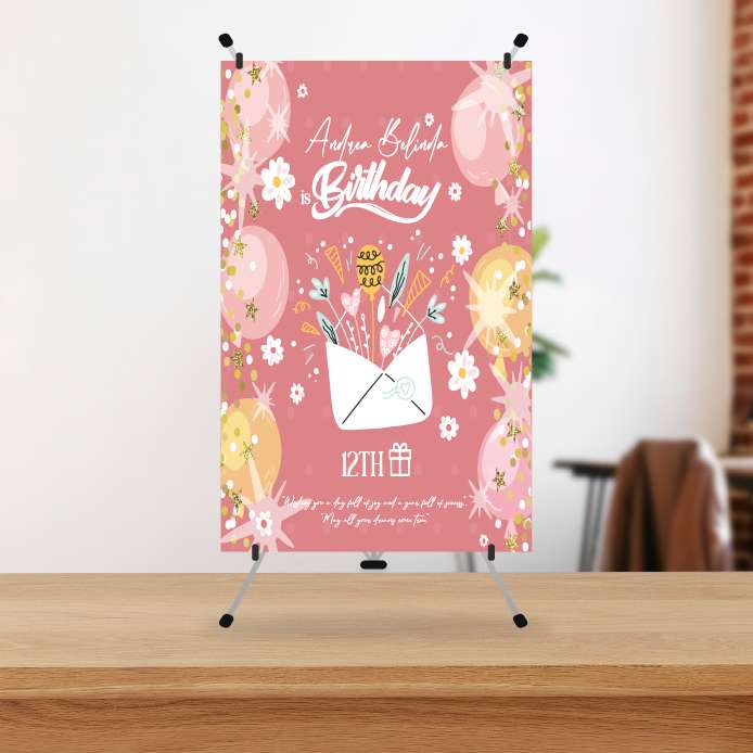 Mini Standing Banner Ulang Tahun Anak 12 Tahun Tema Pink Floral - Image 1