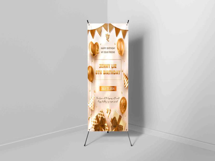 X Banner Birthday Tema Emas dan Putih - Image 1
