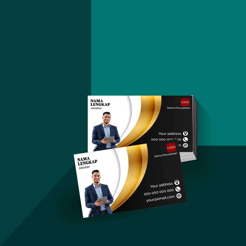 Kartu Nama Mewah Bernuansa Emas dan Hitam dengan Desain Lengkung Modern yang Menghadirkan Kesan Prestisius - Image 1