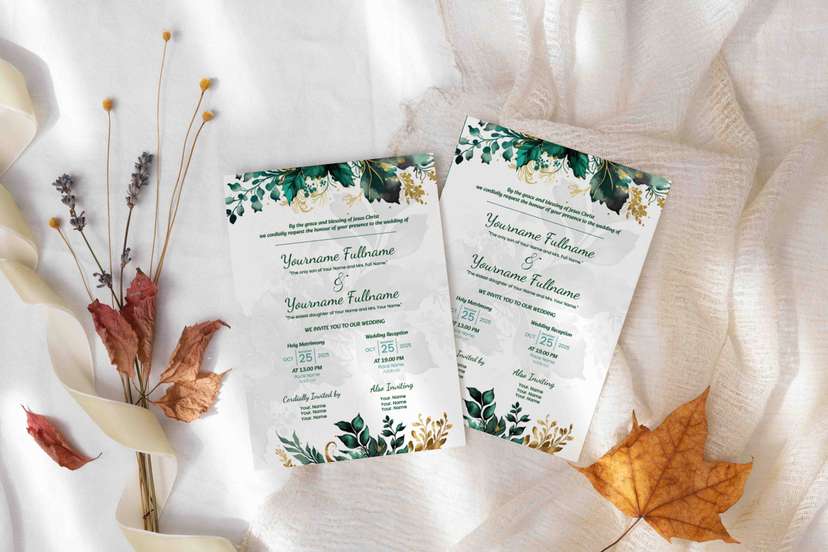 Undangan Pernikahan Botanical Elegan Desain Dua Sisi dengan Motif Daun Hijau & Emas Artistik - Image 2